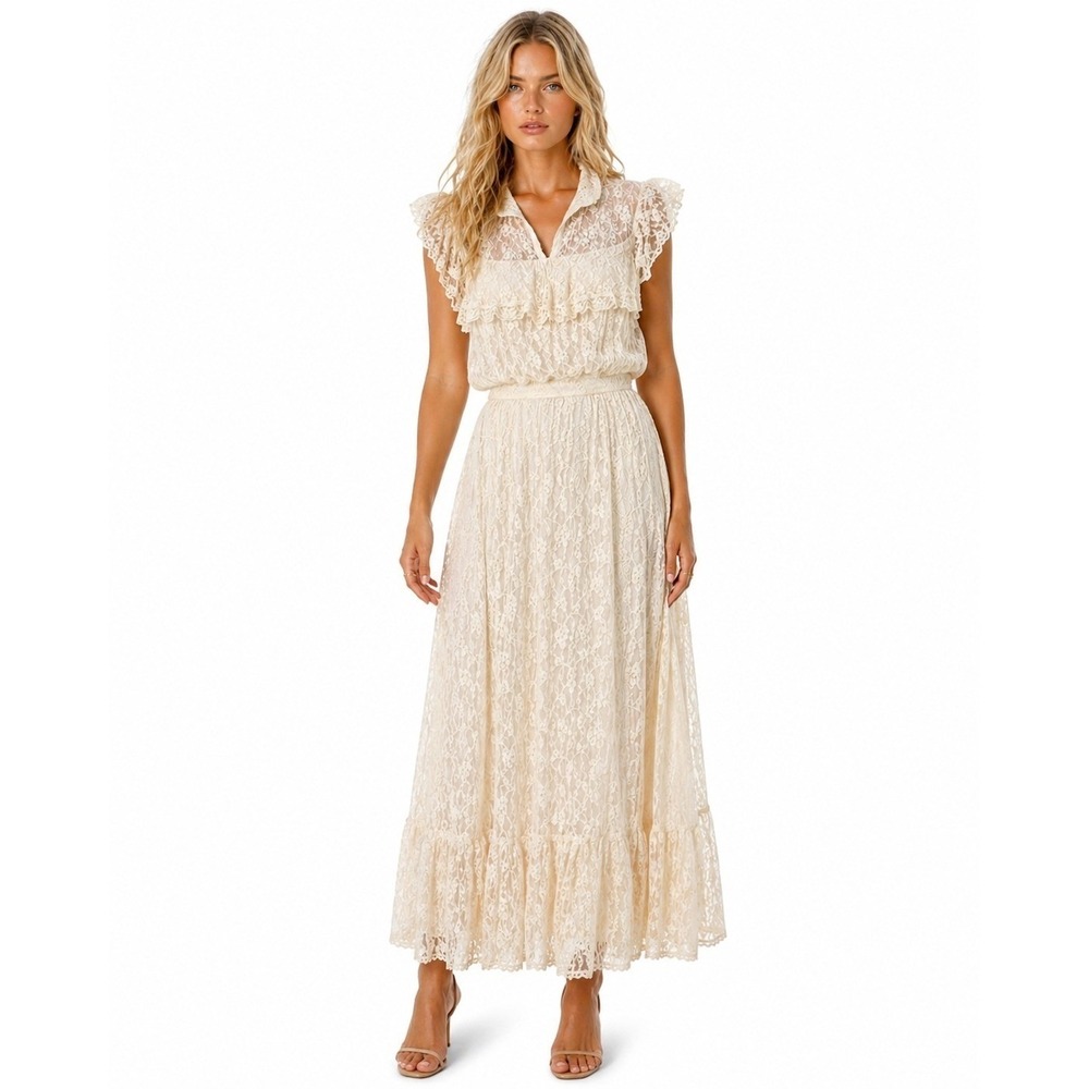 Vintage Gunne Sax by Jessica Cream Floral Lace Ruffle Maxi Dress Womensβ 0? Boho